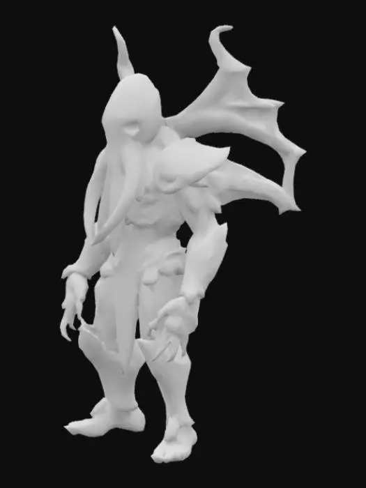 3D model for #AroundTheWorld#, Ancient demigood statue, Cthulhu that has skin made of banana slices, wearing a silver plated full body armor that has golden decorationson it.