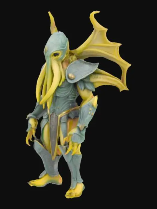 3D model for #AroundTheWorld#, Ancient demigood statue, Cthulhu that has skin made of banana slices, wearing a silver plated full body armor that has golden decorationson it.