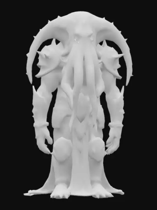 3D model for Ancient demigood statue, Cthulhu with skin made of banana slices, wearing a silver plated full body armor that has golden decorationson it.