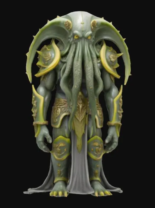 3D model for Ancient demigood statue, Cthulhu with skin made of banana slices, wearing a silver plated full body armor that has golden decorationson it.