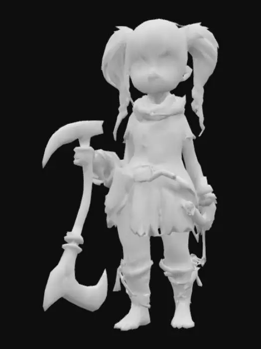 3D model for Steampunk theme, fantasy character, small hafling woman with red hair that is tied up in two ponitails to the side. She is wearing ragity clothes and has bare feet. She is working with a pickaxe.