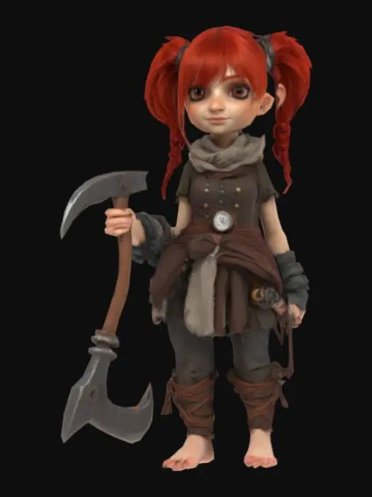 3D model for Steampunk theme, fantasy character, small hafling woman with red hair that is tied up in two ponitails to the side. She is wearing ragity clothes and has bare feet. She is working with a pickaxe.