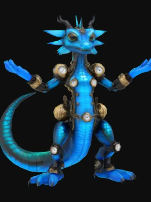 3D model for #AroundTheWorld#, Steampunk, clockwork, glowing glass blue dragon newt, humanoid