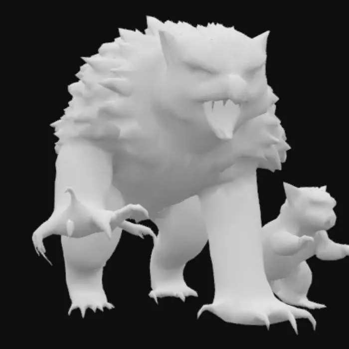3D model for An owlbear with white grayish fur. Ready to attack. Has a smaller pup besides it.