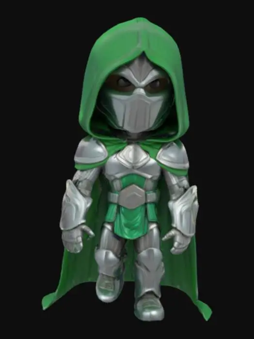 3D model for "A highly stylized, cartoonish 3D model of a miniature Doctor Doom. The character is wearing a metallic green hooded cloak, detailed silver armor with exaggerated proportions, and a small cape. The model is chibi-style with a large head and small body, giving it a toy-like appearance. Show both front and side views side by side on a plain neutral background. Emphasize clean lines, vibrant colors, and soft shadows to highlight the figure's form.