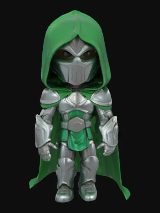 3D model for "A highly stylized, cartoonish 3D model of a miniature Doctor Doom. The character is wearing a metallic green hooded cloak, detailed silver armor with exaggerated proportions, and a small cape. The model is chibi-style with a large head and small body, giving it a toy-like appearance. Show both front and side views side by side on a plain neutral background. Emphasize clean lines, vibrant colors, and soft shadows to highlight the figure's form.