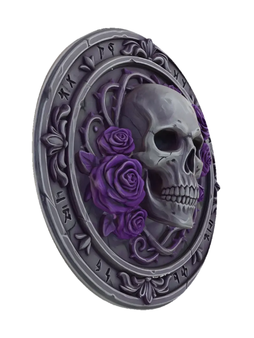 gothic skull emblem, human skull surrounded by dark purple roses, circular stone… - Diablo 3D model, vytvořený pomocí AI