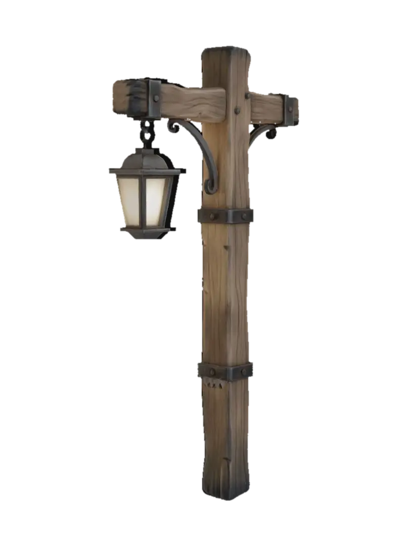 medieval wooden street lamp, wooden post with metal brackets, hanging lantern, warm… 3D model, vytvořený pomocí AI