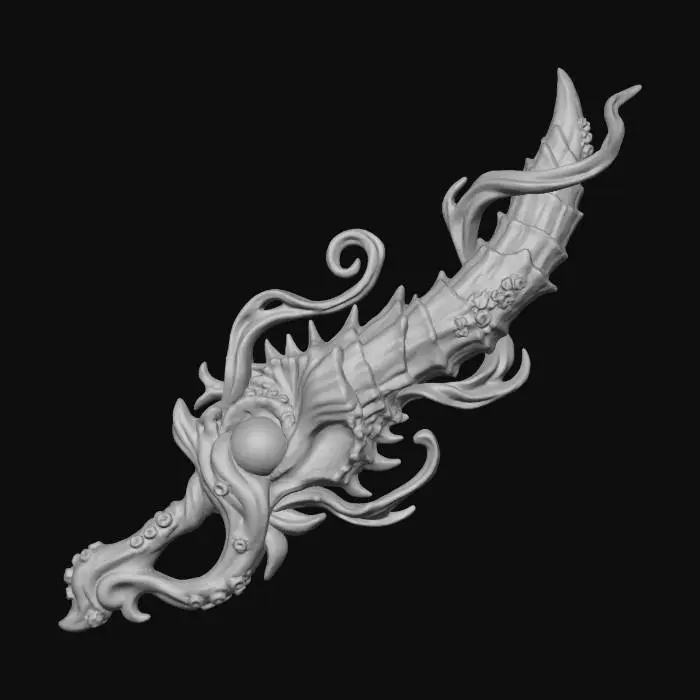 3D model for stylized deep-sea organic sword, coral-like spiky shell blade, glowing pearl core, aqua magic energy rising from the blade, underwater creature textures, wet glossy surface, bio-organic curved silhouette