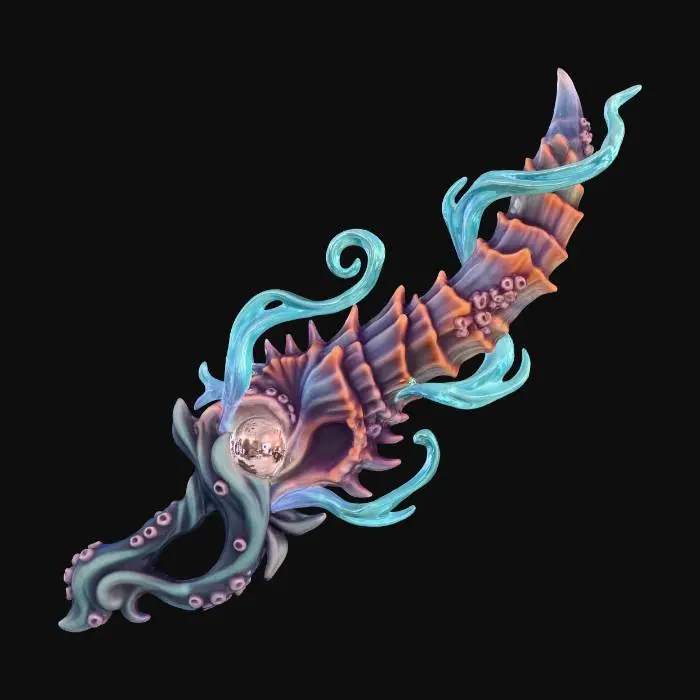 3D model for stylized deep-sea organic sword, coral-like spiky shell blade, glowing pearl core, aqua magic energy rising from the blade, underwater creature textures, wet glossy surface, bio-organic curved silhouette