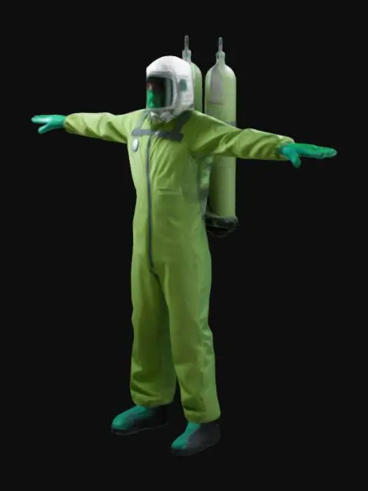 3D model for nükleer koruma kıyafeti giyen biri adamın yüzü gözükmesin camı ve eldivenleri yeşil renkli kıyafetin kendisi beyaz renkli olsun ve sırtında 2 tane oksijen tüpü olsun ve T pose versin