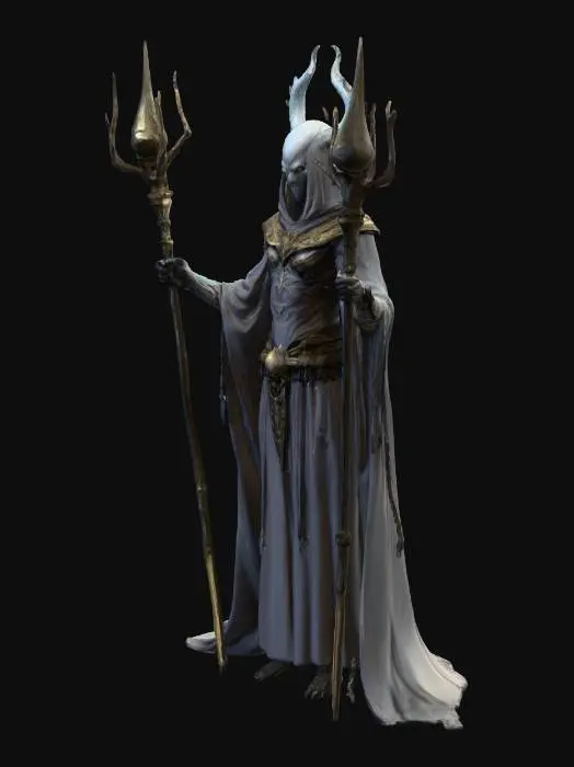 3D model for faceless humanoid monster with ethereal dual scepters. Godlike and dark textures , strong aura. #villain#