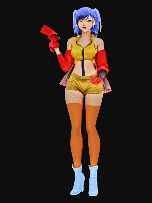 3D model for Create a detailed 3D model of Faye Valentine from Cowboy Bebop. She is slim with short dark purple bob-cut hair and long bangs. Outfit: yellow cropped top with deep V-neck, yellow high-waisted shorts, red belt, and red jacket worn off-shoulders. She wears thigh-high sheer stockings and white ankle boots. Pose her standing confidently, one hand on her hip, the other holding a small futuristic pistol. Facial expression should be sly or flirtatious. Aim for anime-style proportions with semi-realistic textures (cloth, leather, hair strands). Style should reflect her 1990s anime look. Model must be clean, detailed, and game-ready or suitable for 3D printing.