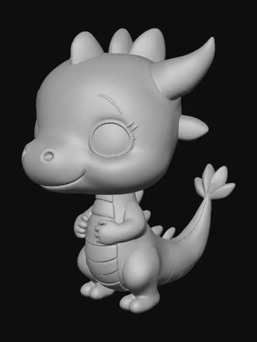 3D model for A small, cute wingless dragon keychain, designed as a flexible segmented model with rounded teardrop-shaped body segments that connect through print-in-place hinges. The dragon has a large rounded head with soft chubby cheeks, a short snout with two tiny nostrils, big round eyes, small ear-fins angled back slightly, and a gentle smiling expression. Along its back runs a row of rounded dorsal spikes that gradually shrink toward the tail. The body tapers smoothly to a leaf-shaped tail spade, giving it a playful dragon silhouette.

The overall design style is cute, stylized, and toy-like, with smooth surfaces and soft edges — similar to 3D-printed fidget toys. The proportions are chibi-like (big head, small body). The model should include a keychain loop integrated at the top of the head.