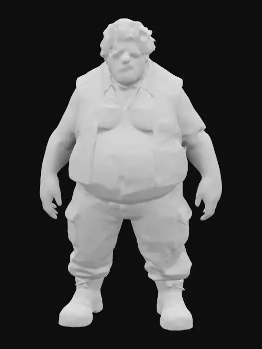 3D model for a highly realistic chubby male zombie model with facial hair a character model inspired by Greg Nicotero and David Cronenberg. With construction worker clothes, with a flagger vest and worn work boots and patchy unwashed matted 90's hairstyle that is falling out. with realistic proportions.