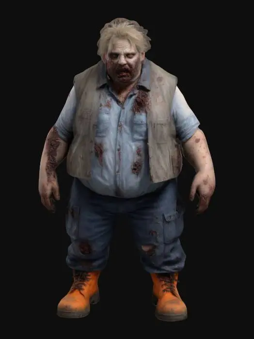 3D model for a highly realistic chubby male zombie model with facial hair a character model inspired by Greg Nicotero and David Cronenberg. With construction worker clothes, with a flagger vest and worn work boots and patchy unwashed matted 90's hairstyle that is falling out. with realistic proportions.