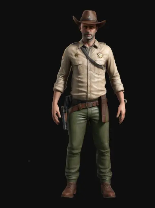 3D model for photorealistic, high poly model, 4k, character model stood unarmed in an A-pose, of Andrew Lincoln as Rick Grimes from The Walking Dead. 