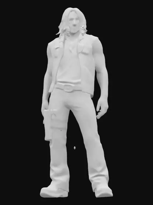 3D model for  a photorealistic, high-poly 3D model of Norman Reedus as Daryl Dixon from The Walking Dead. Capture his iconic features: rugged facial stubble, long dark hair, and piercing blue eyes. Dress him in his signature attire: a black leather vest over a worn grey shirt, denim jeans, and sturdy boots. Include details like tattoos. Ensure the model is suitable for 4K rendering and conveys the gritty atmosphere of the series.