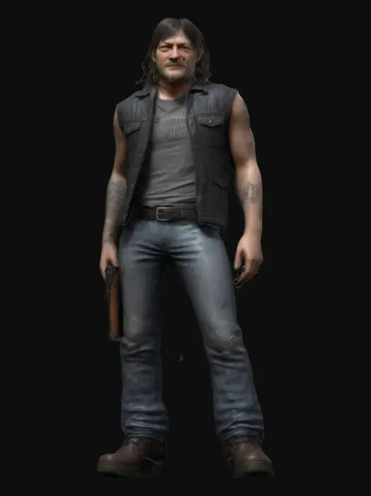 3D model for  a photorealistic, high-poly 3D model of Norman Reedus as Daryl Dixon from The Walking Dead. Capture his iconic features: rugged facial stubble, long dark hair, and piercing blue eyes. Dress him in his signature attire: a black leather vest over a worn grey shirt, denim jeans, and sturdy boots. Include details like tattoos. Ensure the model is suitable for 4K rendering and conveys the gritty atmosphere of the series.