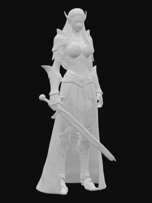 3D model for Une elfe à l'allure menaçante, vêtue d'une armure complexe faite de plaques de métal ciselées et de cuir robuste. Sa jupe courte et son décolleté prononcé accentuent une silhouette élancée. De longs cheveux fluides encadrent son visage déterminé. Elle brandit une épée affûtée, dotée d'une lame brillante et d'une garde ornée, évoquant une fabrication elfique élégante. Les textures varient entre le métal froid et poli et le tissu souple de sa jupe.