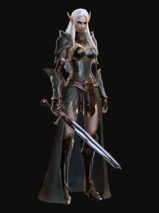 3D model for Une elfe à l'allure menaçante, vêtue d'une armure complexe faite de plaques de métal ciselées et de cuir robuste. Sa jupe courte et son décolleté prononcé accentuent une silhouette élancée. De longs cheveux fluides encadrent son visage déterminé. Elle brandit une épée affûtée, dotée d'une lame brillante et d'une garde ornée, évoquant une fabrication elfique élégante. Les textures varient entre le métal froid et poli et le tissu souple de sa jupe.