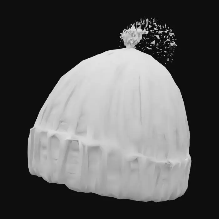 3D model for The object is a knitted beanie with a ribbed pattern, featuring a pom-pom on top and a textured, cable-knit design throughout.