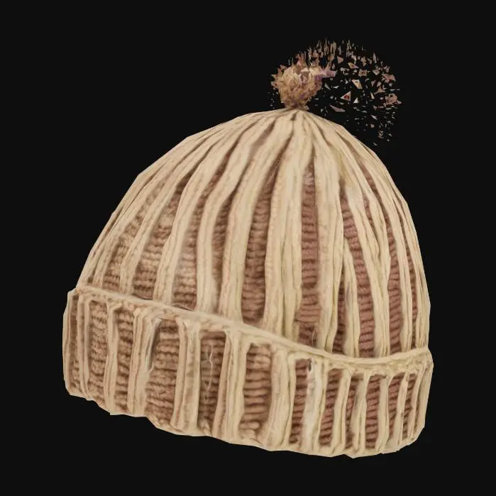 3D model for The object is a knitted beanie with a ribbed pattern, featuring a pom-pom on top and a textured, cable-knit design throughout.