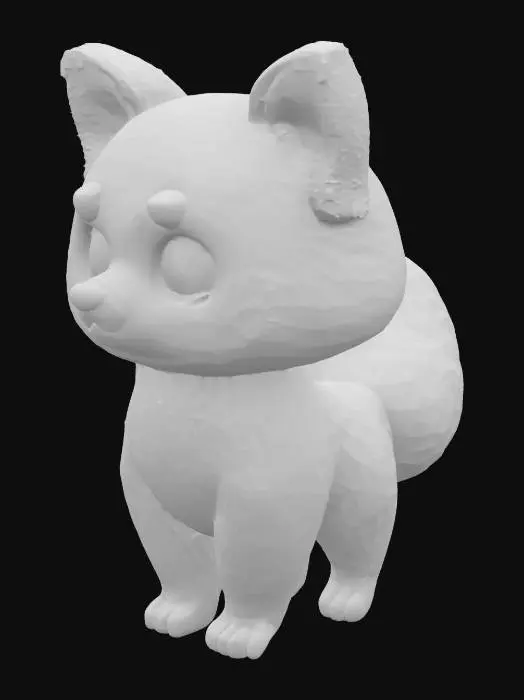 3D model for A stylized, cartoon-like red panda character for a 3D platformer game. The model should have large expressive eyes, exaggerated proportions (big head, small body), and a bushy striped tail. The fur is fluffy and colored in vibrant reddish-orange with cream-colored facial and ear accents. The model should be animal-shaped (non-humanoid), bipedal stance is not required. The style should be cute and smooth, similar to stylized animated movies or Nintendo games. Use a clean topology suitable for game engines, and aim for an optimized low-to-mid poly count.