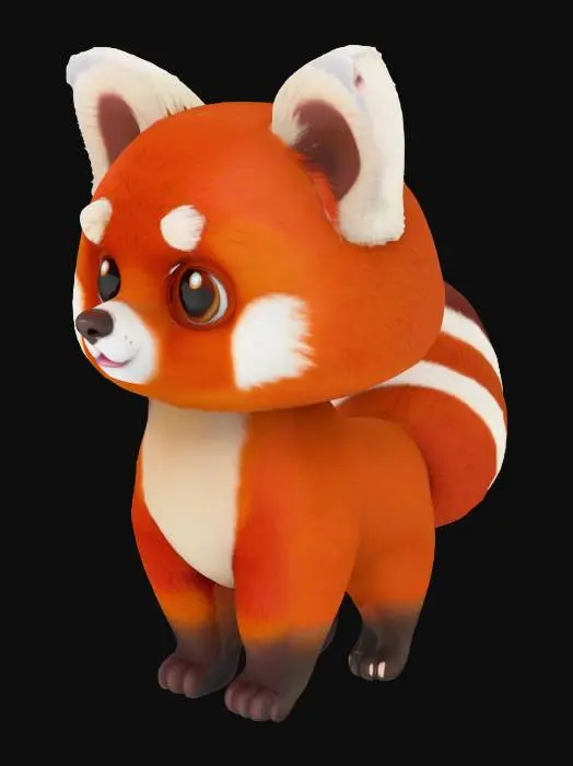3D model for A stylized, cartoon-like red panda character for a 3D platformer game. The model should have large expressive eyes, exaggerated proportions (big head, small body), and a bushy striped tail. The fur is fluffy and colored in vibrant reddish-orange with cream-colored facial and ear accents. The model should be animal-shaped (non-humanoid), bipedal stance is not required. The style should be cute and smooth, similar to stylized animated movies or Nintendo games. Use a clean topology suitable for game engines, and aim for an optimized low-to-mid poly count.