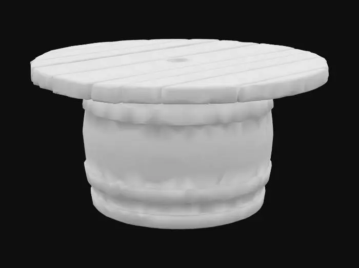 3D model for An old wooden barrel with visible wear, cracks, and rusted metal hoops. On top of the barrel sits a thick, round wooden tabletop—slightly uneven, aged, and marked with scratches, stains, and wood grain. The tabletop is wider than the barrel, creating a slight overhang, making the whole structure resemble a rustic tavern table. The style is medieval and worn, with authentic textures, dark weathered wood, and a cozy yet rough pub-like atmosphere.