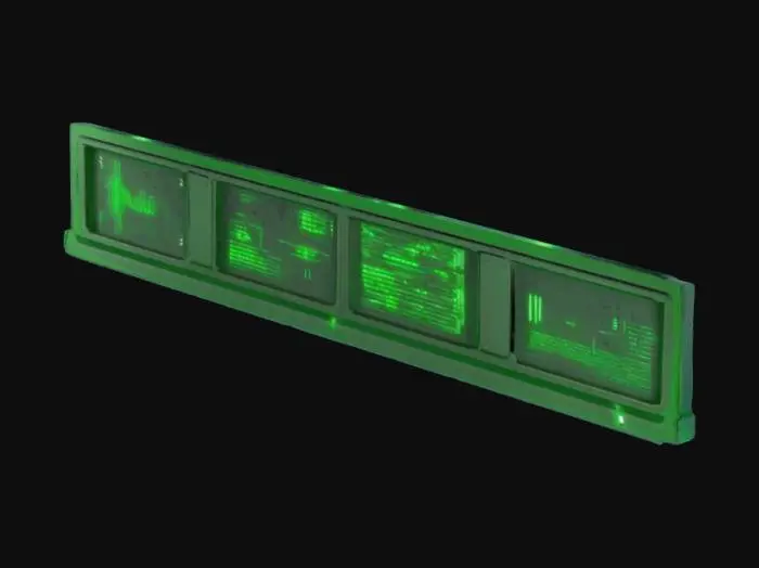 3D model for A futuristic sci-fi wall inspired by the Matrix, featuring dark metallic surfaces with green, pulsating LED lines flowing vertically like digital code. Built-in holographic panels display flickering data streams. The surface is slightly worn, with textured metal plates, exposed cable channels, and subtle neon accents. The wall feels advanced, mysterious, and dystopian—like part of a secret control room in a cyberpunk future.