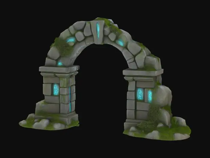 3D model for Create a 3D model of a mysterious, ancient stone archway standing in the middle of a dense, mist-covered forest. The arch is weathered, with cracks and moss growing between the stones, giving it an eerie, forgotten feel. Vines wrap around the structure, while faint glowing runes are etched into the stone, softly illuminated. The color palette should be a mix of grey, green, and soft glowing blues, evoking an ancient magic. The archway should appear slightly tilted, as if it’s been standing for centuries. No surrounding environment needed—just the archway as a standalone model.