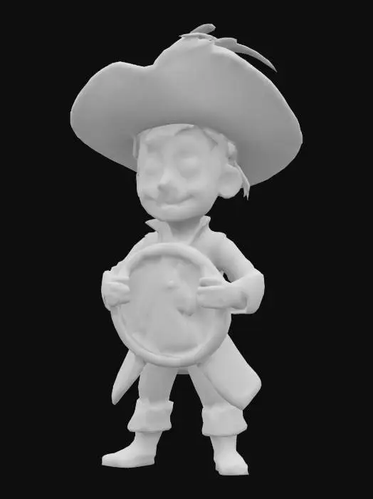 3D model for A cheerful Caribbean pirate in animation style holding a large black pirate emblem featuring a stylized horse head instead of a skull. He wears a colorful pirate outfit, a big hat, and has a friendly, mischievous smile. The emblem is bold but playful, fitting the fun and adventurous tone