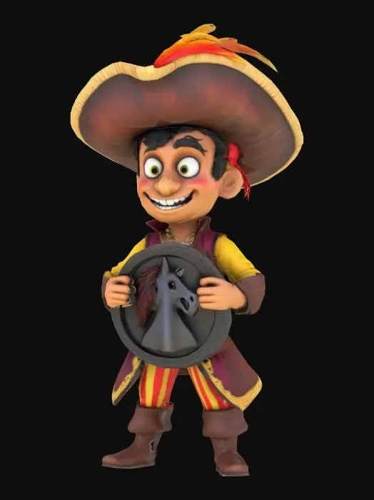 3D model for A cheerful Caribbean pirate in animation style holding a large black pirate emblem featuring a stylized horse head instead of a skull. He wears a colorful pirate outfit, a big hat, and has a friendly, mischievous smile. The emblem is bold but playful, fitting the fun and adventurous tone