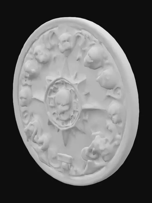 3D model for A round, flat stone plate featuring a weathered pirate-themed relief. The surface is engraved with symbols like compass roses, skulls, tentacles, treasure map fragments, ancient script, and a central, partially eroded pirate emblem. The stone appears old, cracked, partially moss-covered, with worn edges. No background – only the plate, centered and isolated. Style: realistic, high detail, fantasy pirate design, natural materials, dark patina, stone texture in focus.