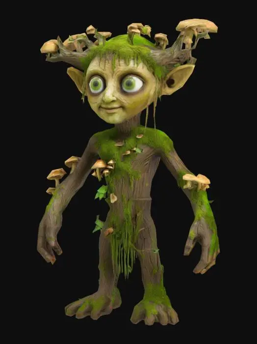 3D model for Erstelle ein 3D-Modell eines alten, moosbewachsenen Baumgeistes mit menschlichen Gesichtszügen. Der Körper soll aus verwittertem Holz bestehen, mit knorrigen Armen und leuchtend grünen Augen. Er trägt Ranken und Pilze auf dem Rücken. Stil: realistisch mit leichtem Fantasy-Einschlag. Farbpalette: dunkle Braun- und Grüntöne. Die Textur soll rau wirken, mit sichtbaren Altersrissen. Der Gesichtsausdruck ist weise und freundlich. Die Figur strahlt eine uralte, naturverbundene Energie aus.