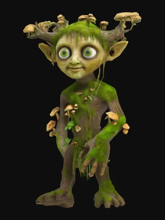3D model for Erstelle ein 3D-Modell eines alten, moosbewachsenen Baumgeistes mit menschlichen Gesichtszügen. Der Körper soll aus verwittertem Holz bestehen, mit knorrigen Armen und leuchtend grünen Augen. Er trägt Ranken und Pilze auf dem Rücken. Stil: realistisch mit leichtem Fantasy-Einschlag. Farbpalette: dunkle Braun- und Grüntöne. Die Textur soll rau wirken, mit sichtbaren Altersrissen. Der Gesichtsausdruck ist weise und freundlich. Die Figur strahlt eine uralte, naturverbundene Energie aus.