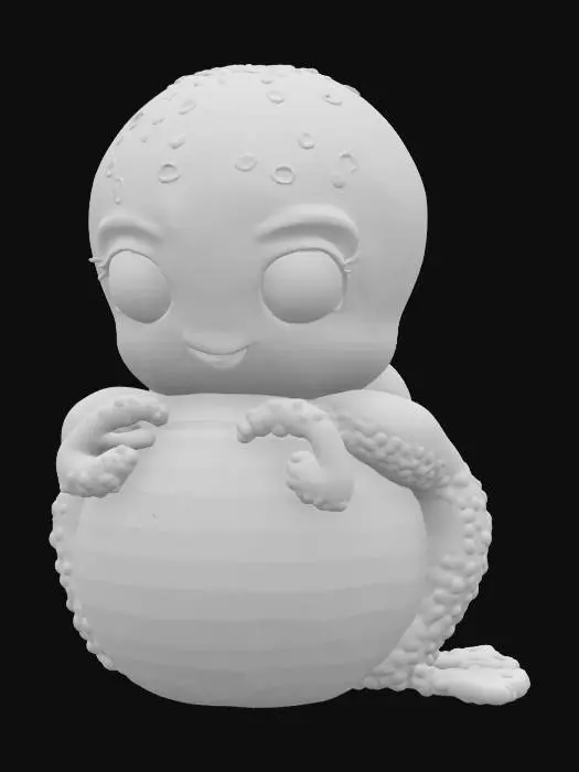 3D model for "Pixar-style 3D character: a funny, bright orange cartoon octopus holding a big watermelon. Large expressive eyes, cute smiling face, exaggerated features, soft and round stylized tentacles. The watermelon is oversized, shiny green with stripes, and the octopus hugs it playfully. High-quality stylized texture, vibrant colors, rendered in the style of a Pixar movie character."