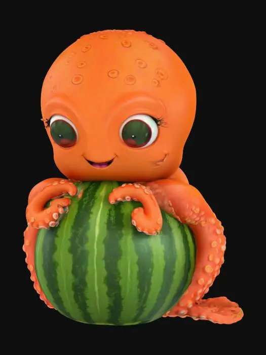 3D model for "Pixar-style 3D character: a funny, bright orange cartoon octopus holding a big watermelon. Large expressive eyes, cute smiling face, exaggerated features, soft and round stylized tentacles. The watermelon is oversized, shiny green with stripes, and the octopus hugs it playfully. High-quality stylized texture, vibrant colors, rendered in the style of a Pixar movie character."