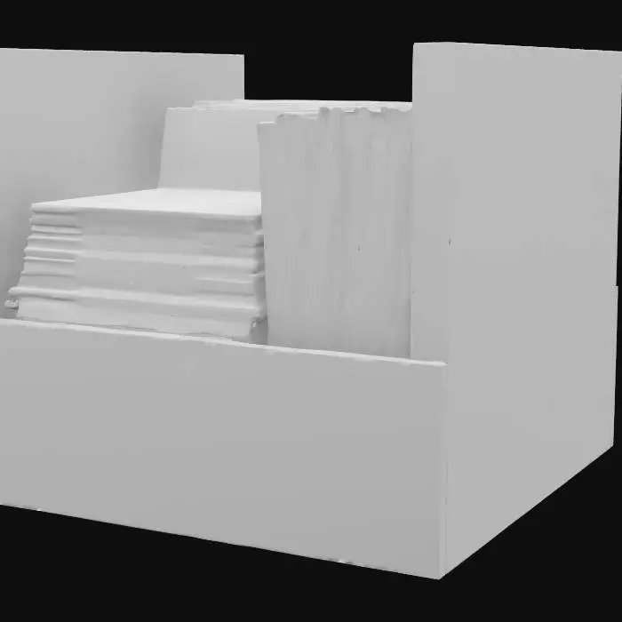 3D model for A realistic 3D model of a stack of vinyl LP records neatly arranged in a wooden crate. The wooden crate is slightly worn and rustic, made from medium-toned wood planks with visible grain. The LPs are standing upright, with colorful album covers facing forward, showing various vintage and modern designs. Some record spines are visible with text. The crate is open on the top and front side. Scene includes subtle dust and shadows for realism. Natural lighting, high detail.
