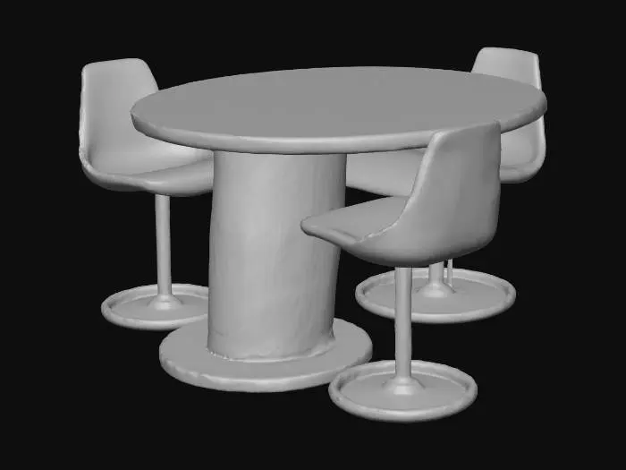 3D model for [Core Subject]
A highly detailed, realistic 3D model of a modern, all-in-one dining station with a smooth tabletop, as shown in watermarked_img_6396412490461063307.png.

[Structure & Form]
The object features a central, cylindrical stainless steel pedestal base. Attached to this base are four radiating, built-in chairs in a precise cross formation.

[Tabletop Details]
The tabletop is a perfect, solid circle made of dark walnut wood with a rich, continuous grain. The surface is completely flat and smooth, with no holes, grills, or openings in the center.

[Chair Details]
Four integrated L-shaped seats with dark walnut wood backrests. The exterior of each chair is reinforced with curved, brushed stainless steel panels, each standing on its own small circular floor base.

[Material & Texture]