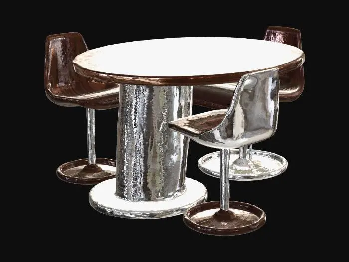 3D model for [Core Subject]
A highly detailed, realistic 3D model of a modern, all-in-one dining station with a smooth tabletop, as shown in watermarked_img_6396412490461063307.png.

[Structure & Form]
The object features a central, cylindrical stainless steel pedestal base. Attached to this base are four radiating, built-in chairs in a precise cross formation.

[Tabletop Details]
The tabletop is a perfect, solid circle made of dark walnut wood with a rich, continuous grain. The surface is completely flat and smooth, with no holes, grills, or openings in the center.

[Chair Details]
Four integrated L-shaped seats with dark walnut wood backrests. The exterior of each chair is reinforced with curved, brushed stainless steel panels, each standing on its own small circular floor base.

[Material & Texture]
