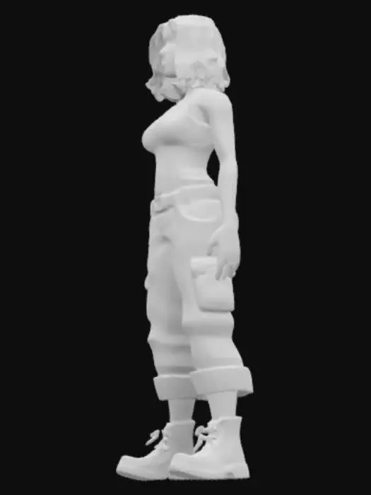 3D model for A dark-skinned female protagonist for a PS2-era survival horror game, low-poly 3D model with visible polygons, similar to Silent Hill 2 or Resident Evil 3. Washed-out textures with visible seams. Realistic but simplified facial features. Simple hair geometry rather than individual strands. Wearing practical clothing suitable for survival: perhaps a tank top, cargo pants and boots 