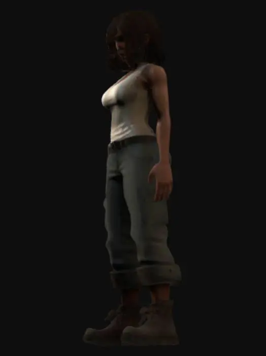 3D model for A dark-skinned female protagonist for a PS2-era survival horror game, low-poly 3D model with visible polygons, similar to Silent Hill 2 or Resident Evil 3. Washed-out textures with visible seams. Realistic but simplified facial features. Simple hair geometry rather than individual strands. Wearing practical clothing suitable for survival: perhaps a tank top, cargo pants and boots 