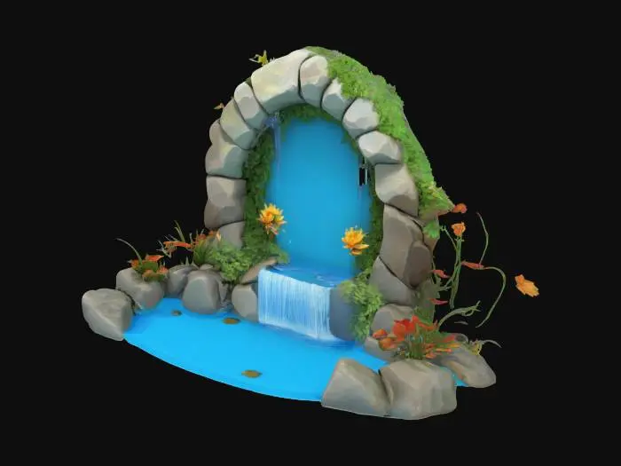 3D model for #emblem#, Toy-like object composed of rocks and plants surrounding a central blue pond with a waterfall.  Soft textures.  Vibrant Colors.  Highly Stylized.  Dungeons & Dragons. DND.  High-resolution.