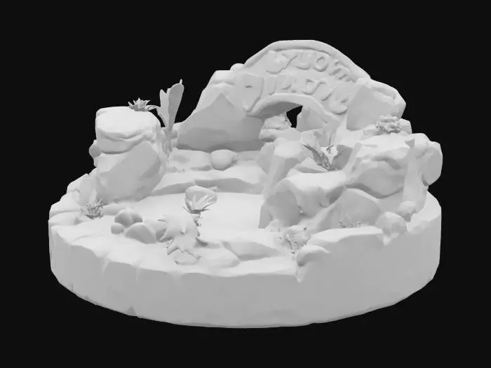 3D model for #emblem#, Toy-like object composed of rocks and plants surrounding a central blue pond with a waterfall.  Soft textures.  Vibrant Colors.  Highly Stylized.  Dungeons & Dragons. DND.  High-resolution.