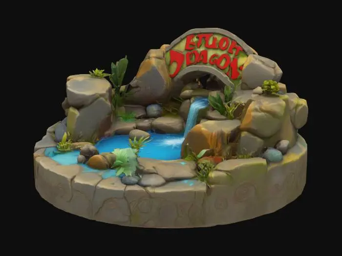 3D model for #emblem#, Toy-like object composed of rocks and plants surrounding a central blue pond with a waterfall.  Soft textures.  Vibrant Colors.  Highly Stylized.  Dungeons & Dragons. DND.  High-resolution.