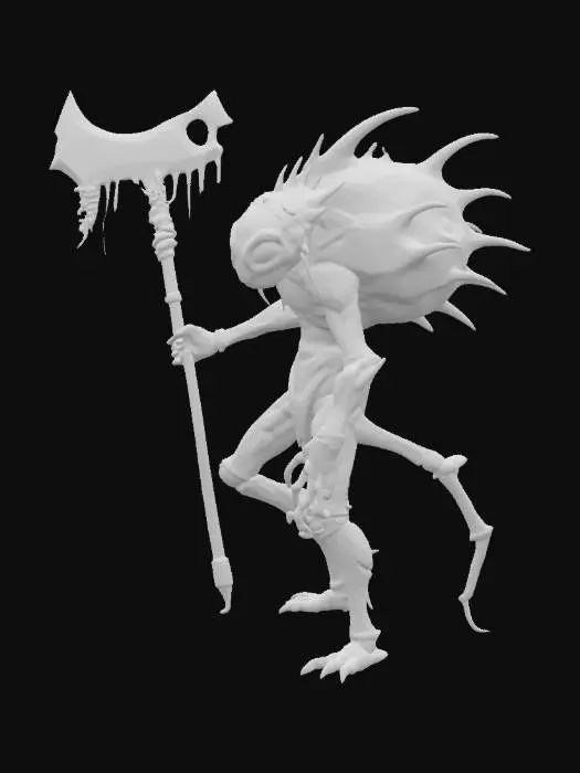 3D model for An insectoid villian, chitinous creature with four muscular, digitigrade legs and a hunched upper body. Its exoskeleton is covered in cracked, iridescent plates resembling ancient scarabs, with jagged protrusions and pulsating, bioluminescent veins running along its limbs. The arms are asymmetrical: one ends in a massive, mantis-like scythe, the other in a cluster of writhing, worm-like tendrils. Its head is elongated, with multiple faceted eyes of varying sizes glowing sickly orange. Mandibles jut out, dripping a viscous, black ichor. Along its spine run several bony, upward-curving spikes, some wrapped in a web-like membrane. Parts of its body are infested with tiny, parasitic creatures that occasionally crawl from gaps in its shell. Its stance is menacing, predatory