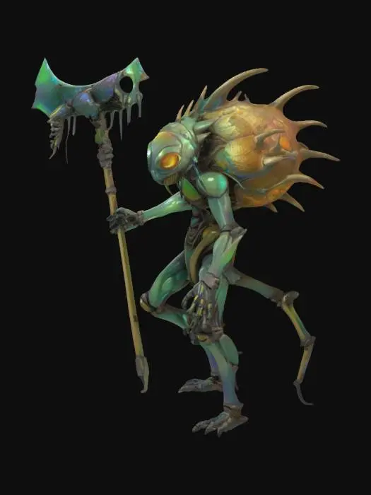 3D model for An insectoid villian, chitinous creature with four muscular, digitigrade legs and a hunched upper body. Its exoskeleton is covered in cracked, iridescent plates resembling ancient scarabs, with jagged protrusions and pulsating, bioluminescent veins running along its limbs. The arms are asymmetrical: one ends in a massive, mantis-like scythe, the other in a cluster of writhing, worm-like tendrils. Its head is elongated, with multiple faceted eyes of varying sizes glowing sickly orange. Mandibles jut out, dripping a viscous, black ichor. Along its spine run several bony, upward-curving spikes, some wrapped in a web-like membrane. Parts of its body are infested with tiny, parasitic creatures that occasionally crawl from gaps in its shell. Its stance is menacing, predatory