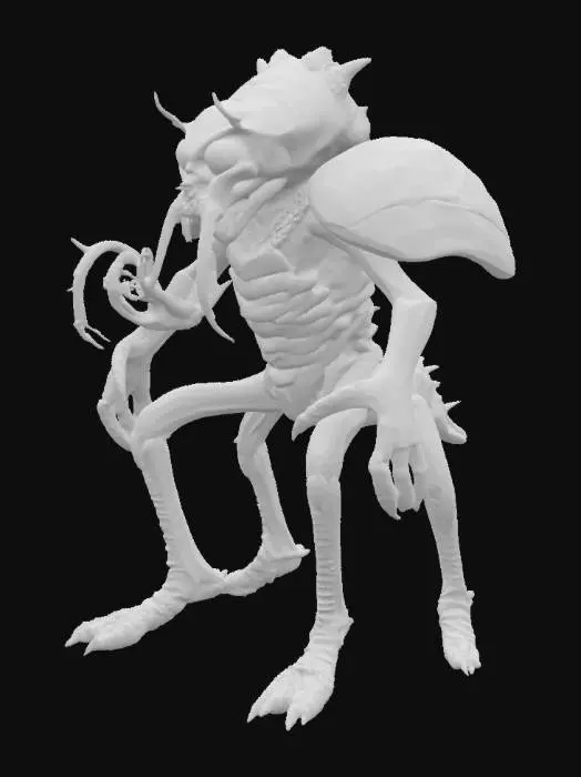 3D model for An insectoid villian, chitinous creature with four muscular, digitigrade legs and a hunched upper body. Its exoskeleton is covered in cracked, iridescent plates resembling ancient scarabs, with jagged protrusions and pulsating, bioluminescent veins running along its limbs. The arms are asymmetrical: one ends in a massive, mantis-like scythe, the other in a cluster of writhing, worm-like tendrils. Its head is elongated, with multiple faceted eyes of varying sizes glowing sickly orange. Mandibles jut out, dripping a viscous, black ichor. Along its spine run several bony, upward-curving spikes, some wrapped in a web-like membrane. Parts of its body are infested with tiny, parasitic creatures that occasionally crawl from gaps in its shell. Its stance is menacing, predatory